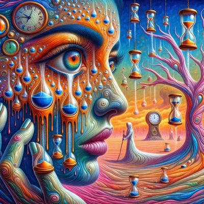The primary subject of the image is a woman with a clock face for a head. She is surrounded by various clocks and other time-related objects, creating a unique and artistic visual style. The setting appears to be a desert-like environment, with a tree in the background. The colors and mood of the image are predominantly pink and orange, giving it a warm and surreal atmosphere.